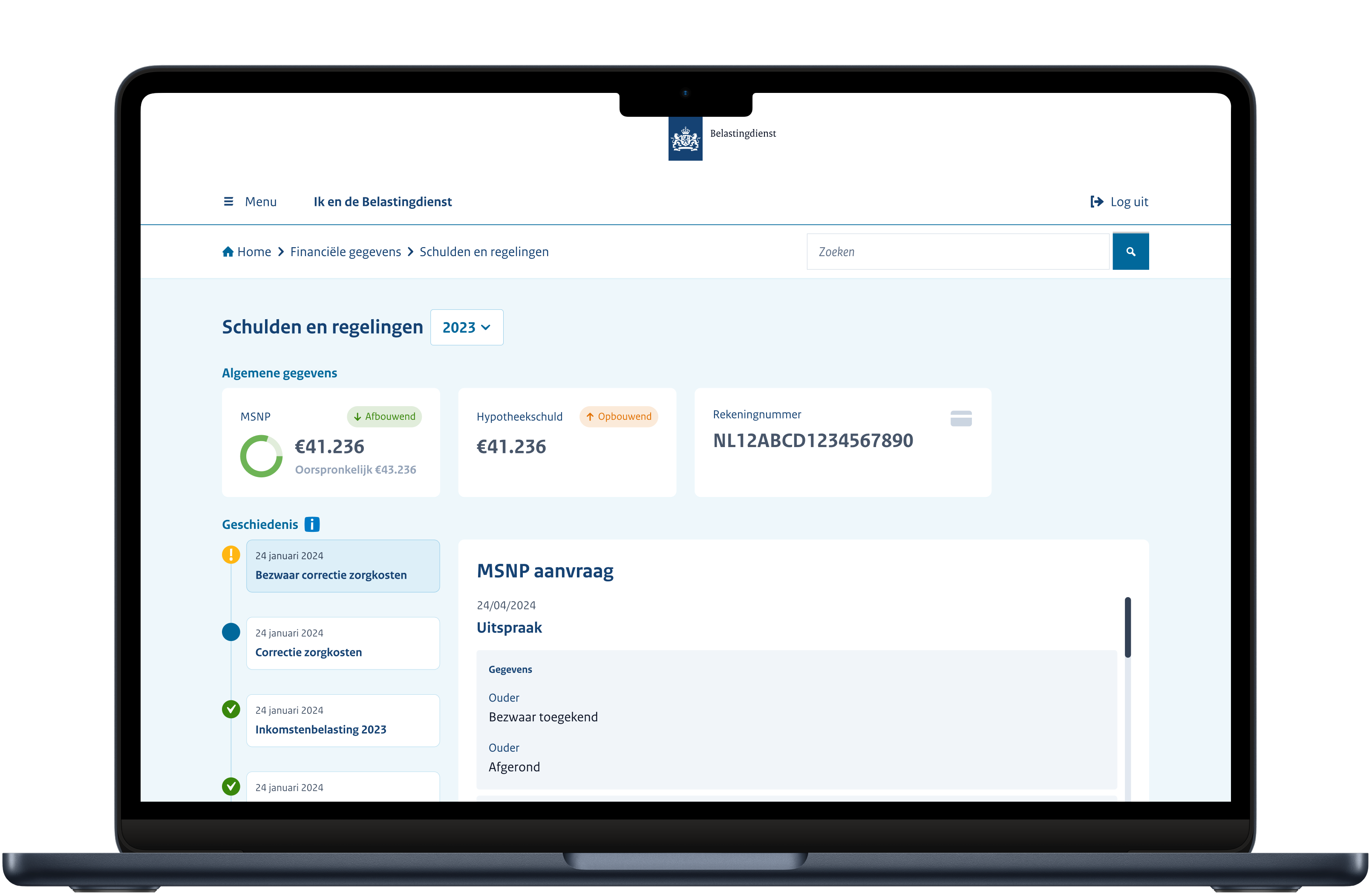 Inzage Fiscaal Dossier - schulden prototype UI scherm